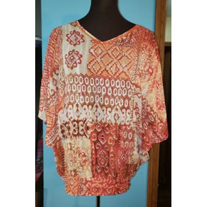 CHICO'S Semi Sheer Aztec Geometric‎ Wearable Art Kimono Sleeve Orange Top Sz M